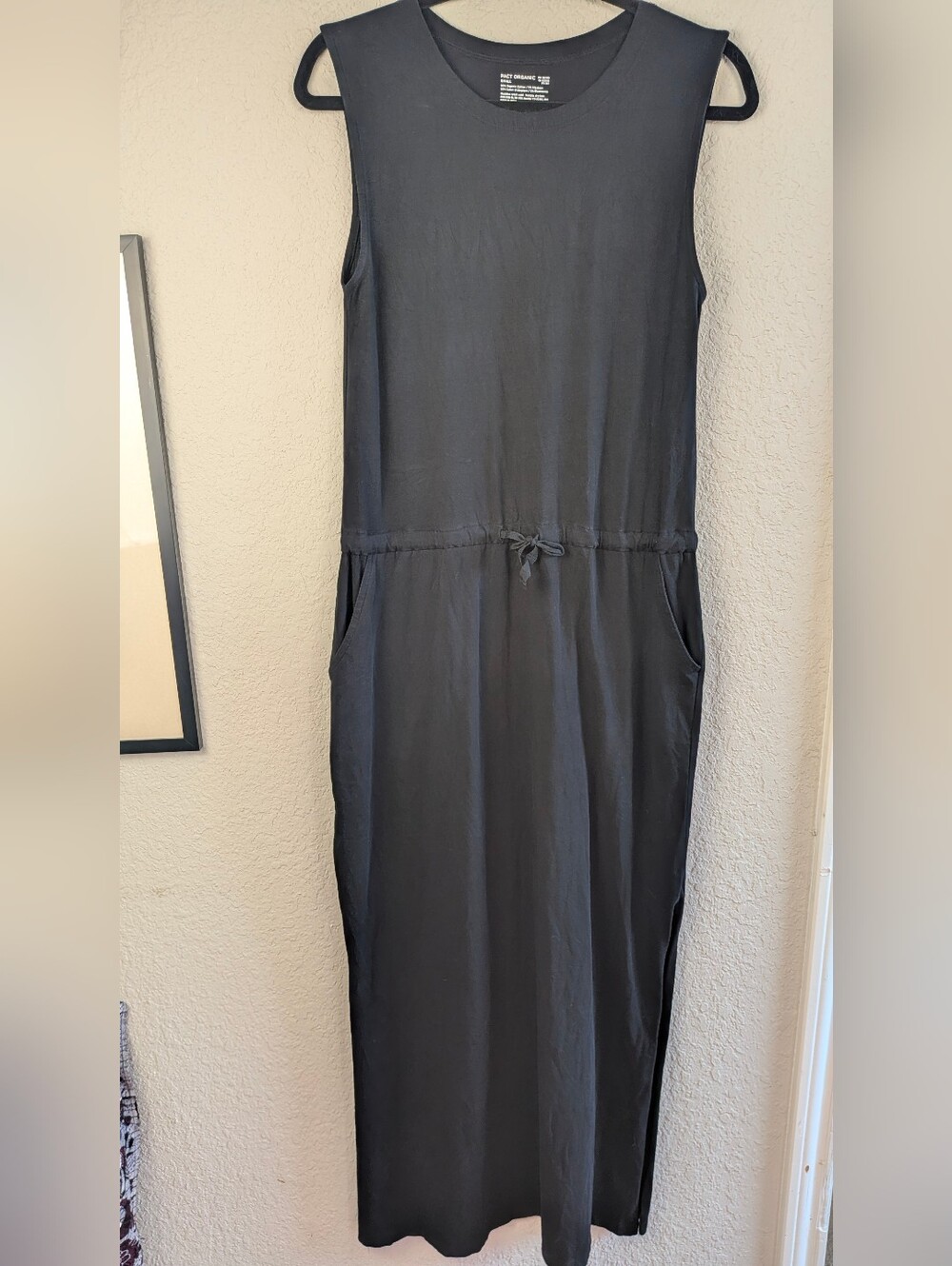 PACT Organic S Sleeveless Black Maxi Dress Drawstring Waist Pockets Excellent